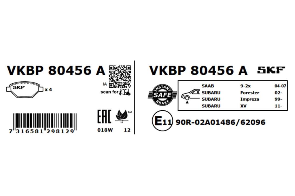 Jogo de 4 pastilhas de travão SKF ref. VKBP 80456 A